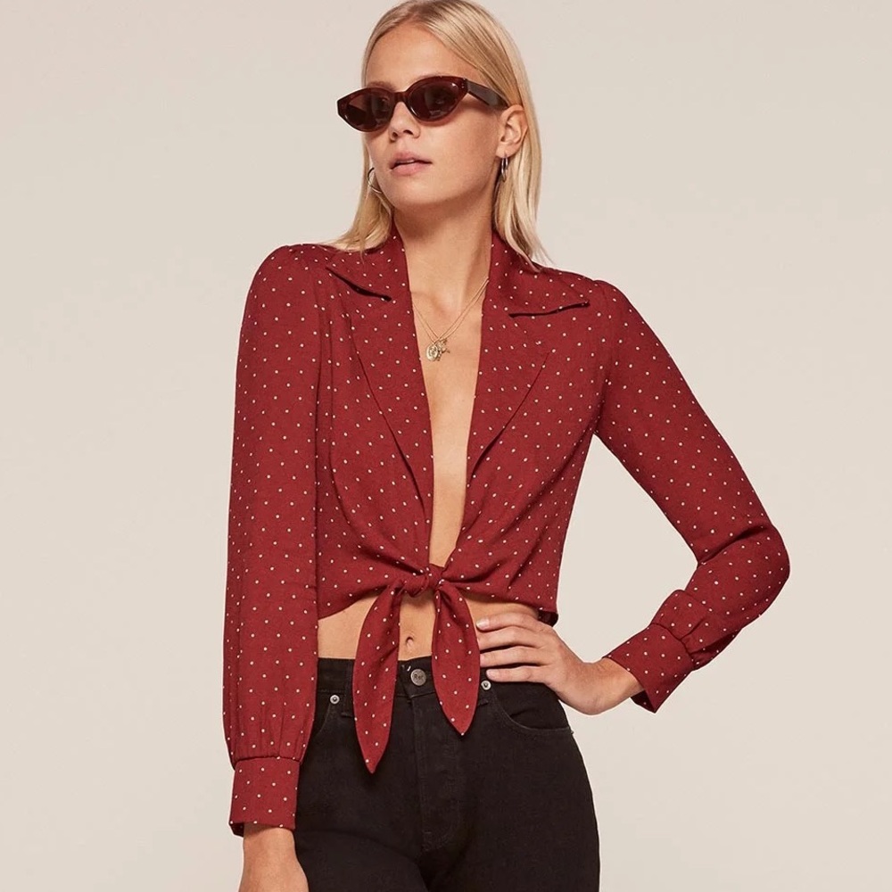 REFORMATION Dotty Polka Dot Tie Front Long Sleeve Blouse Top in Red